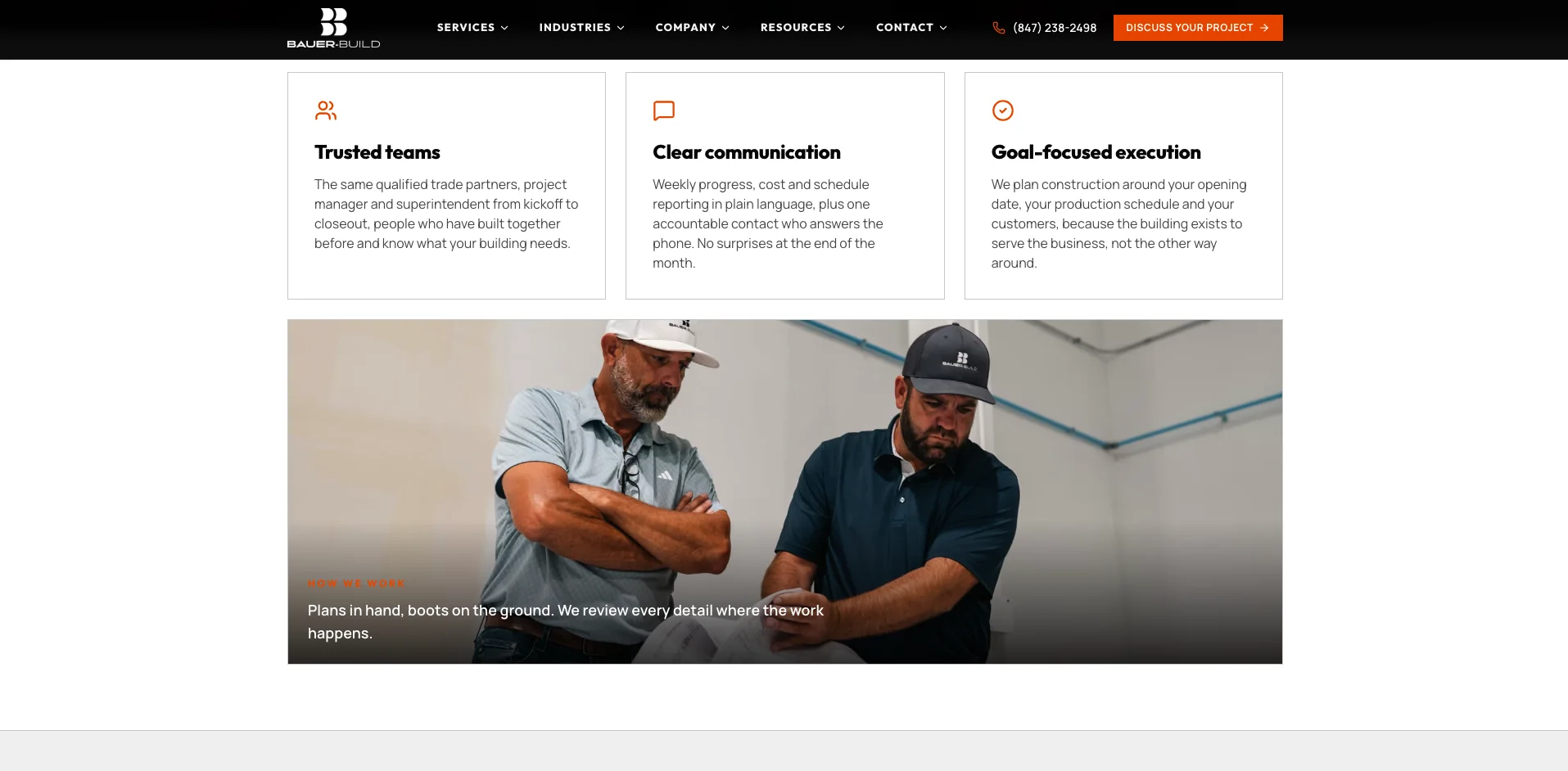 Redesigned Bauer Build website showing service promises and original jobsite photography