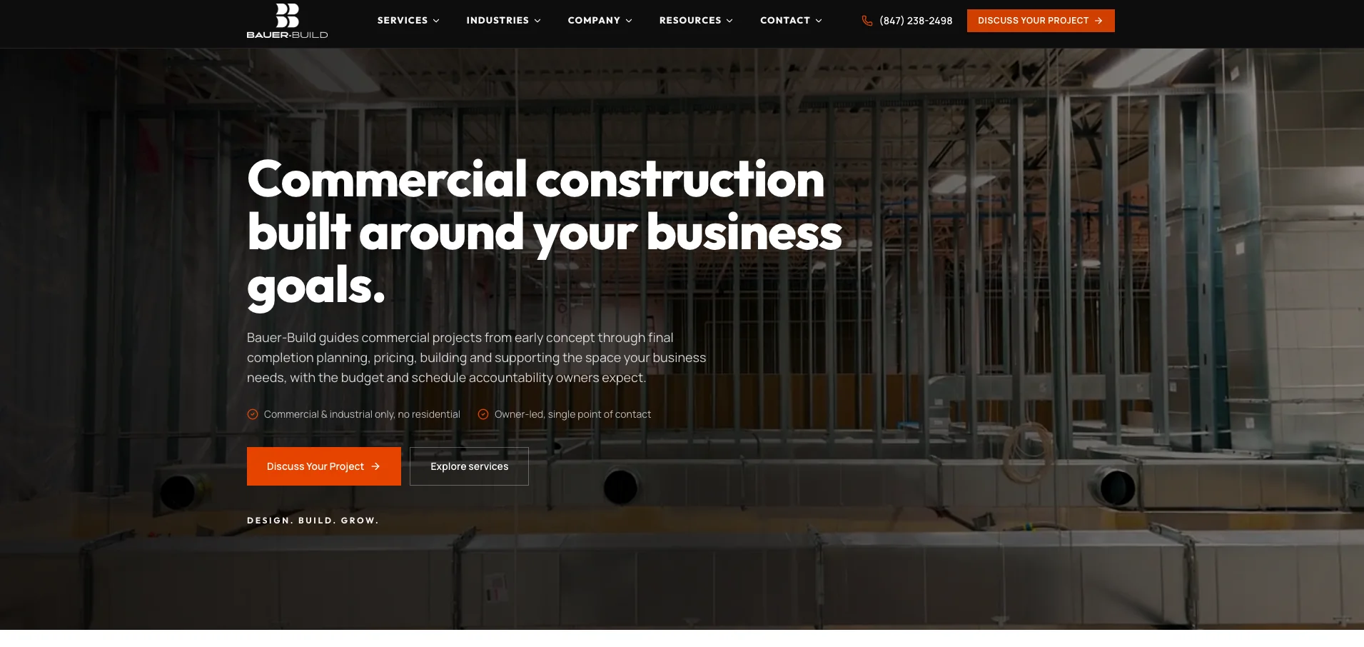 Redesigned Bauer Build homepage with commercial construction positioning and project calls to action