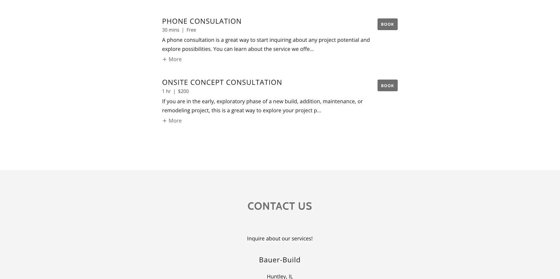 Bauer Build's original landing page showing phone consultation booking options and a basic contact section