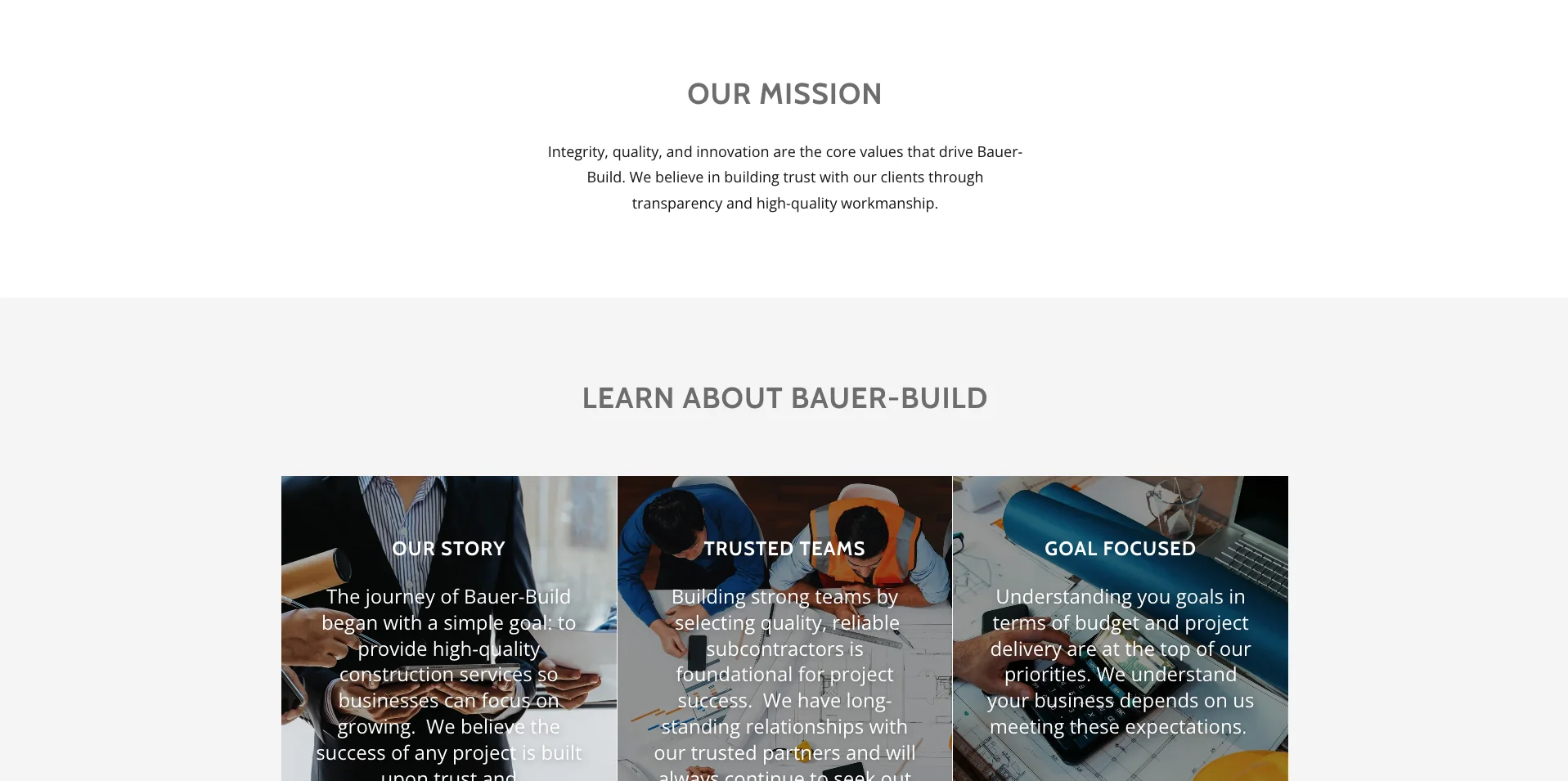 Bauer Build's original landing page showing a mission statement and three company overview panels